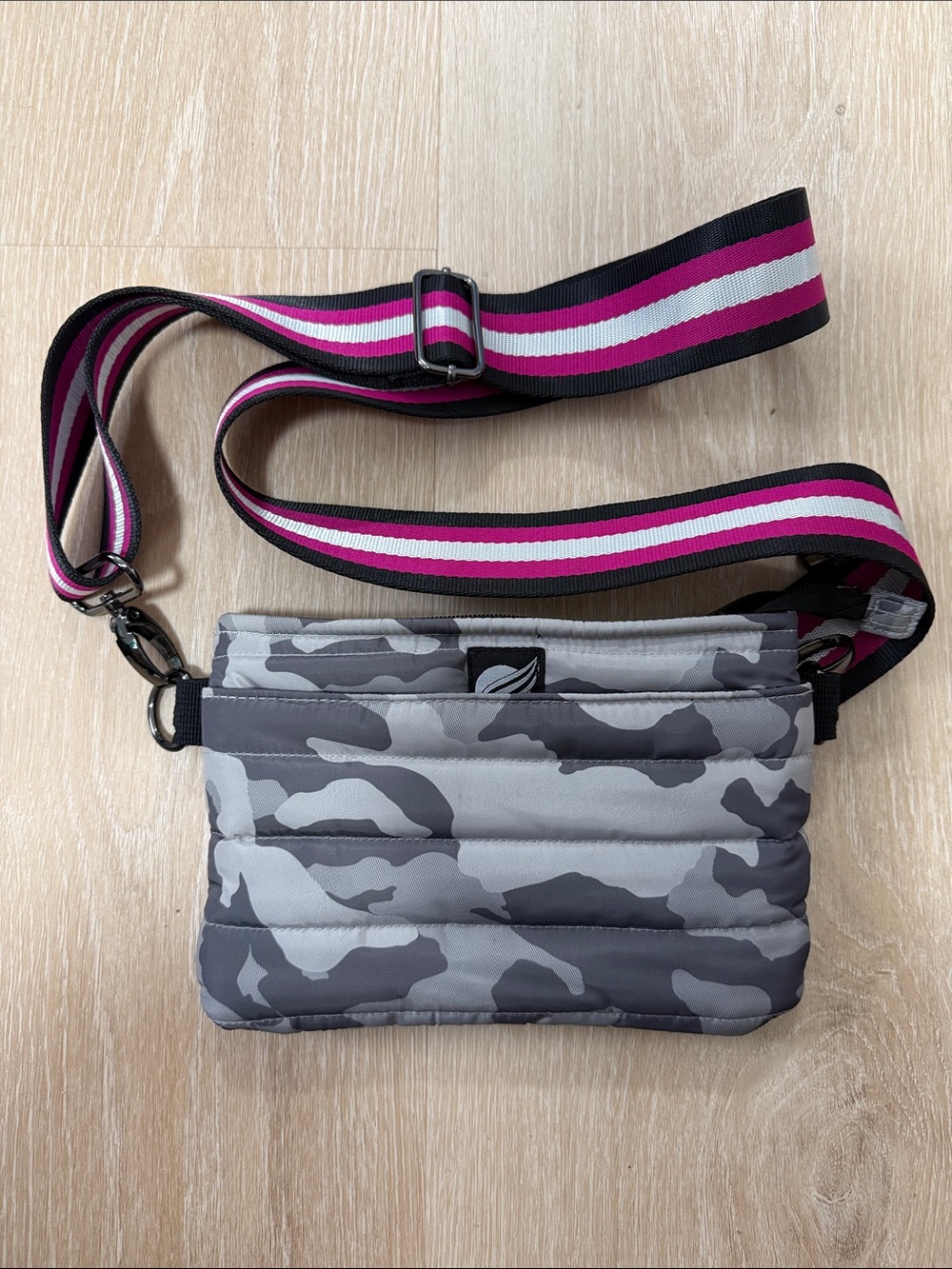 THINK ROYLN Gray Camo Belt Bag with Pink-Striped Strap